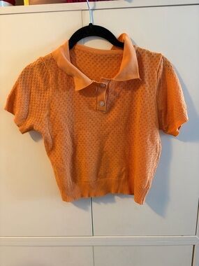 Cropped Orange Knit Polo Top with Button Placket